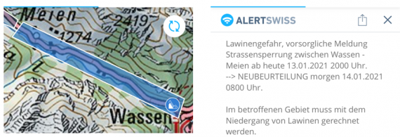 Alternativ-Text: Kartenausschnitt einer Alertswiss-Meldung des Kantons Uri vom 13. Januar 2021. Das Gebiet um die betroffene Strasse ist farblich markiert. 