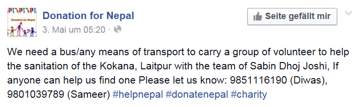 Die Facebookseite «Donation for Nepal» wurde zur Koordination der Hilfe vor Ort & zum Aufruf für Spenden eingesetzt.